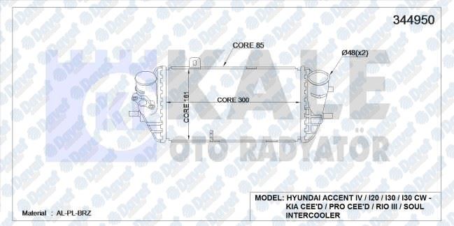KALE 344950 Turbo Radyatoru (Intercooler) Accent Blue 1.6crdi 11>I20 1.1crdi 12> I30 1.4-1.6crdi 12> (Al/Pl/Brz)